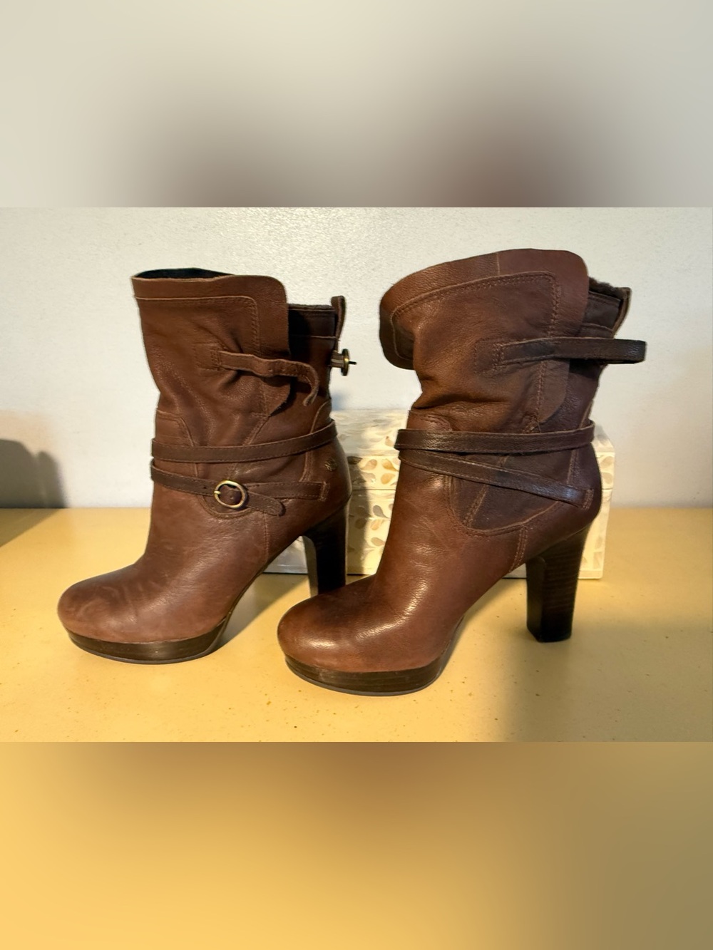 UGG Brown shearling Leather High Heel Ankle Boots